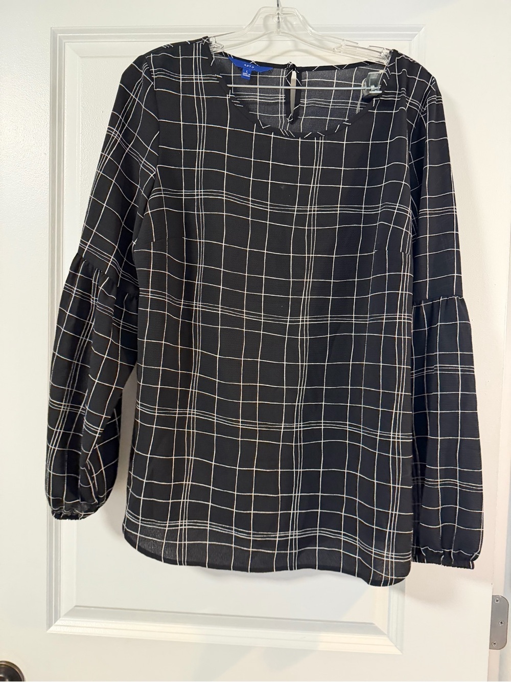 Apt. 9 Black Blouse with White Windowpane Plaid